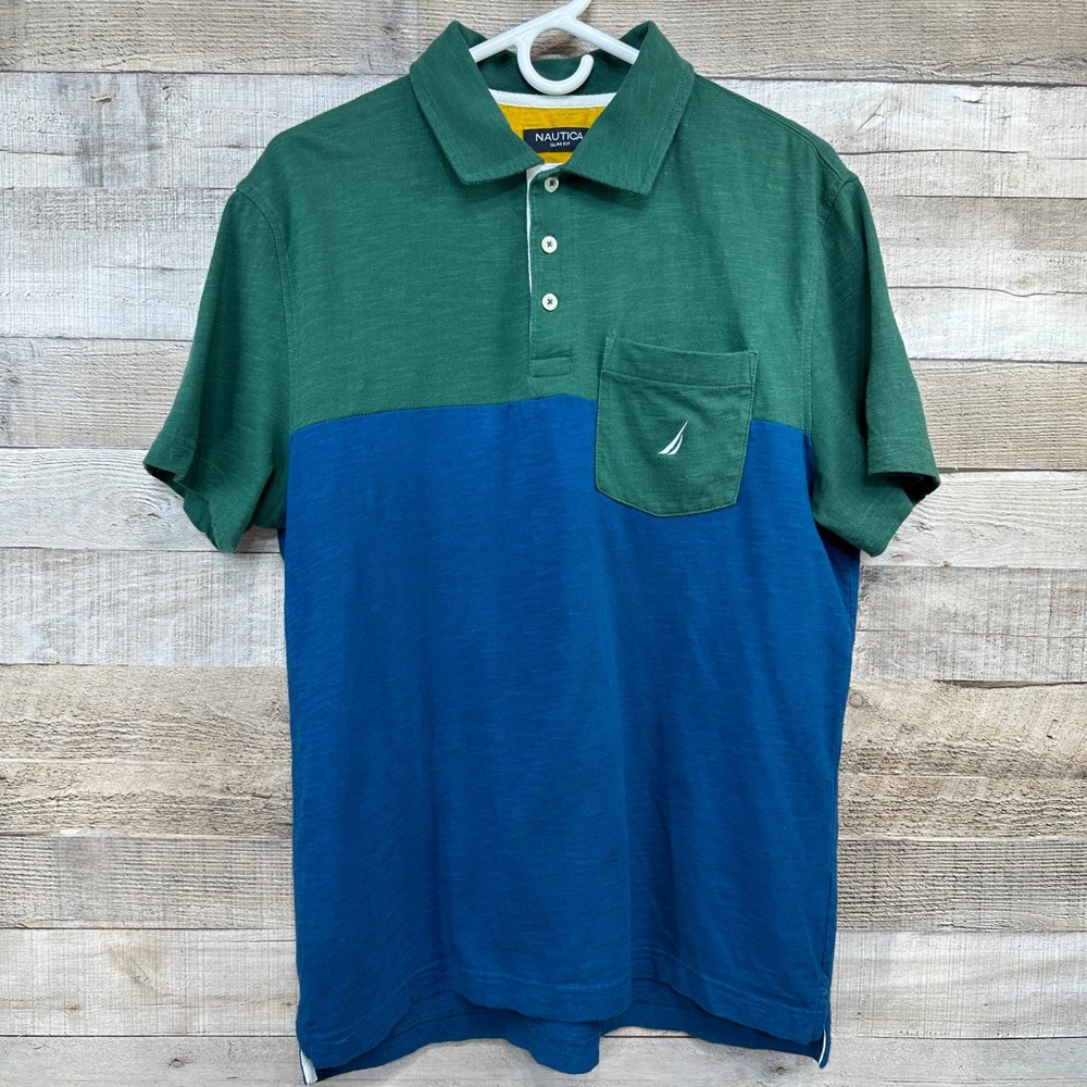 Nautica Mens Green Blue Colorblock Polo Shirt Slim Fit‎ Cotton Size M